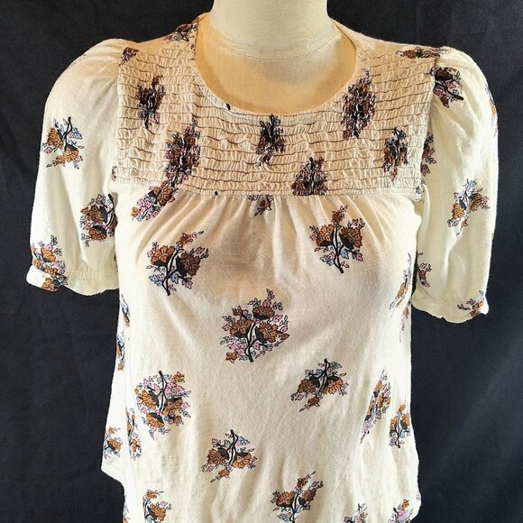 Lucky Brand White with Floral Peasant Style Smocked Women's Size S Boho Top - Picture 1 of 4